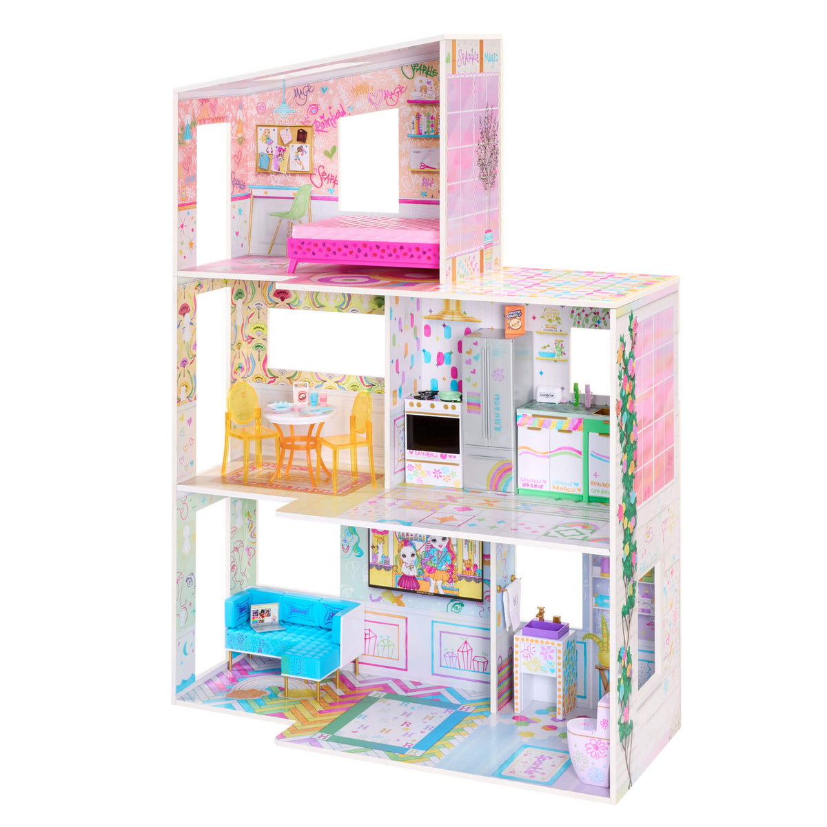 Rainbow High Color & Play 3-Story Doll House, Design All Walls & Floors with Washable Markers