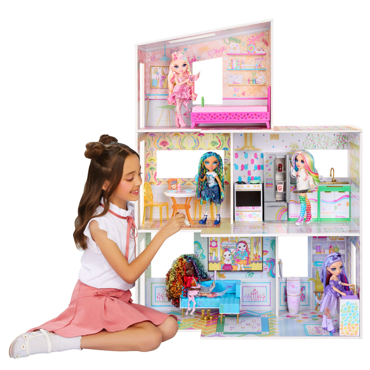Rainbow High Color & Play 3-Story Doll House, Design All Walls & Floors with Washable Markers