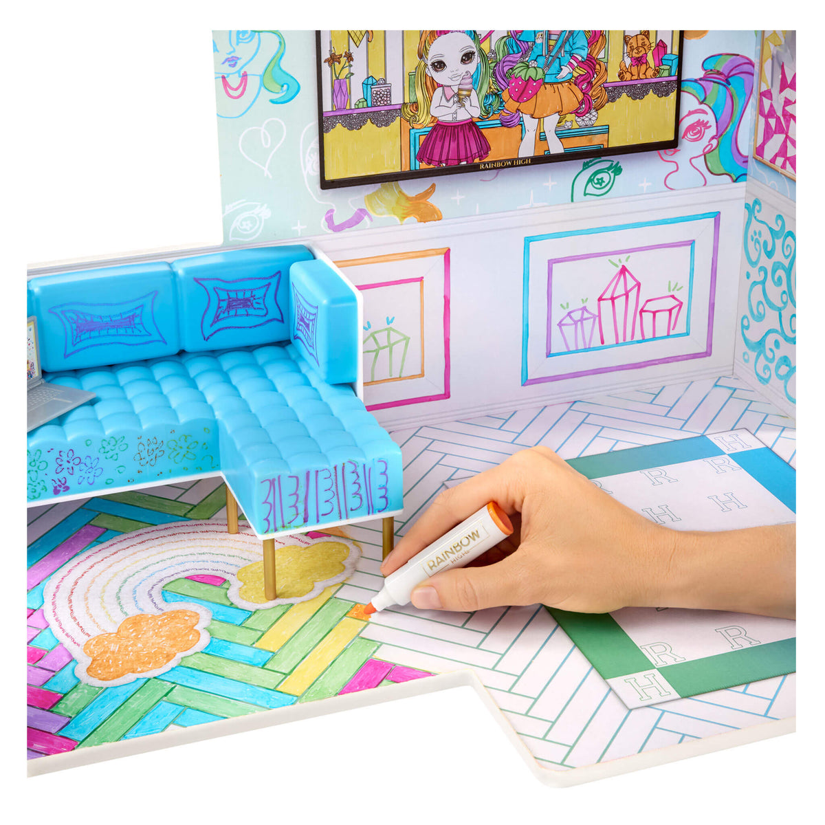 Rainbow High Color & Play 3-Story Doll House, Design All Walls & Floors with Washable Markers