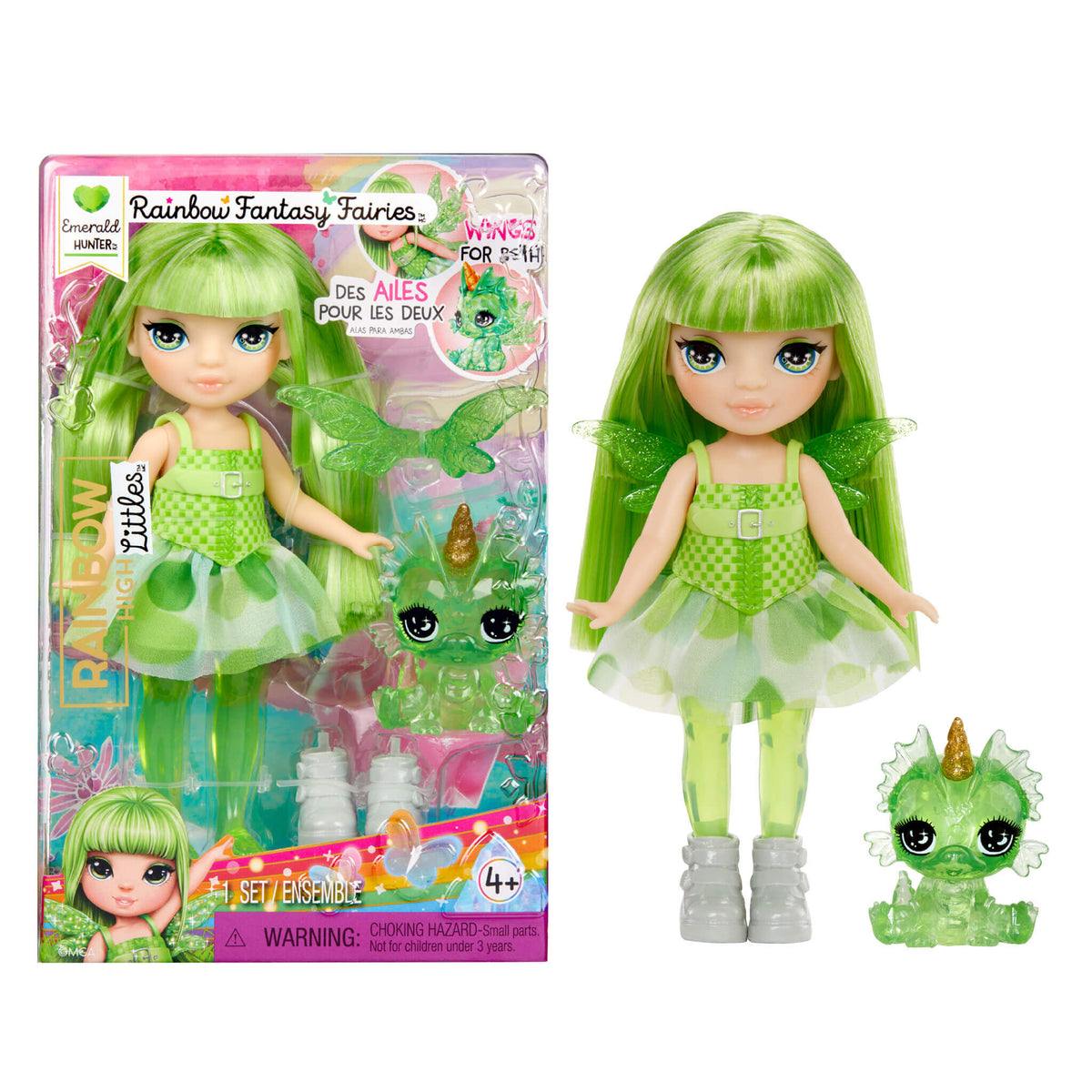 Rainbow High Littles Rainbow Fantasy Fairies with Pet – Emerald, Green 5.5" Small Doll & Fantasy Dragon Pet