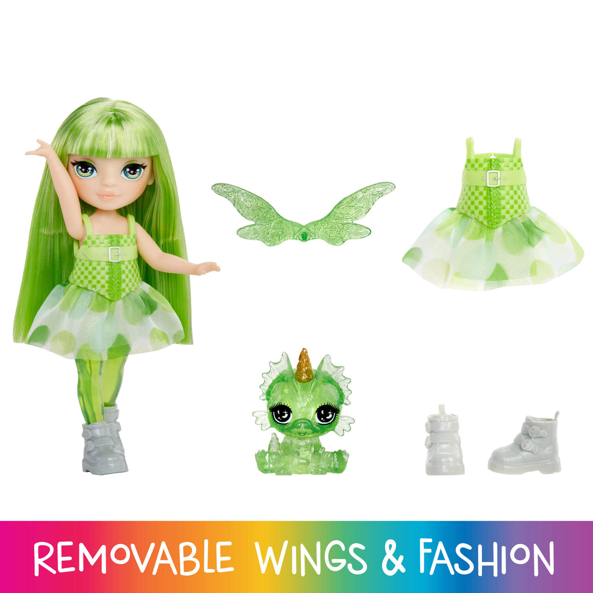 Rainbow High Littles Rainbow Fantasy Fairies with Pet – Emerald, Green 5.5" Small Doll & Fantasy Dragon Pet