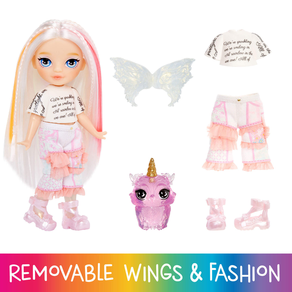 Rainbow High Littles Rainbow Fantasy Fairies with Pet – Opal, Rainbow, 5.5" Posable Small Doll & Fantasy Owl Pet
