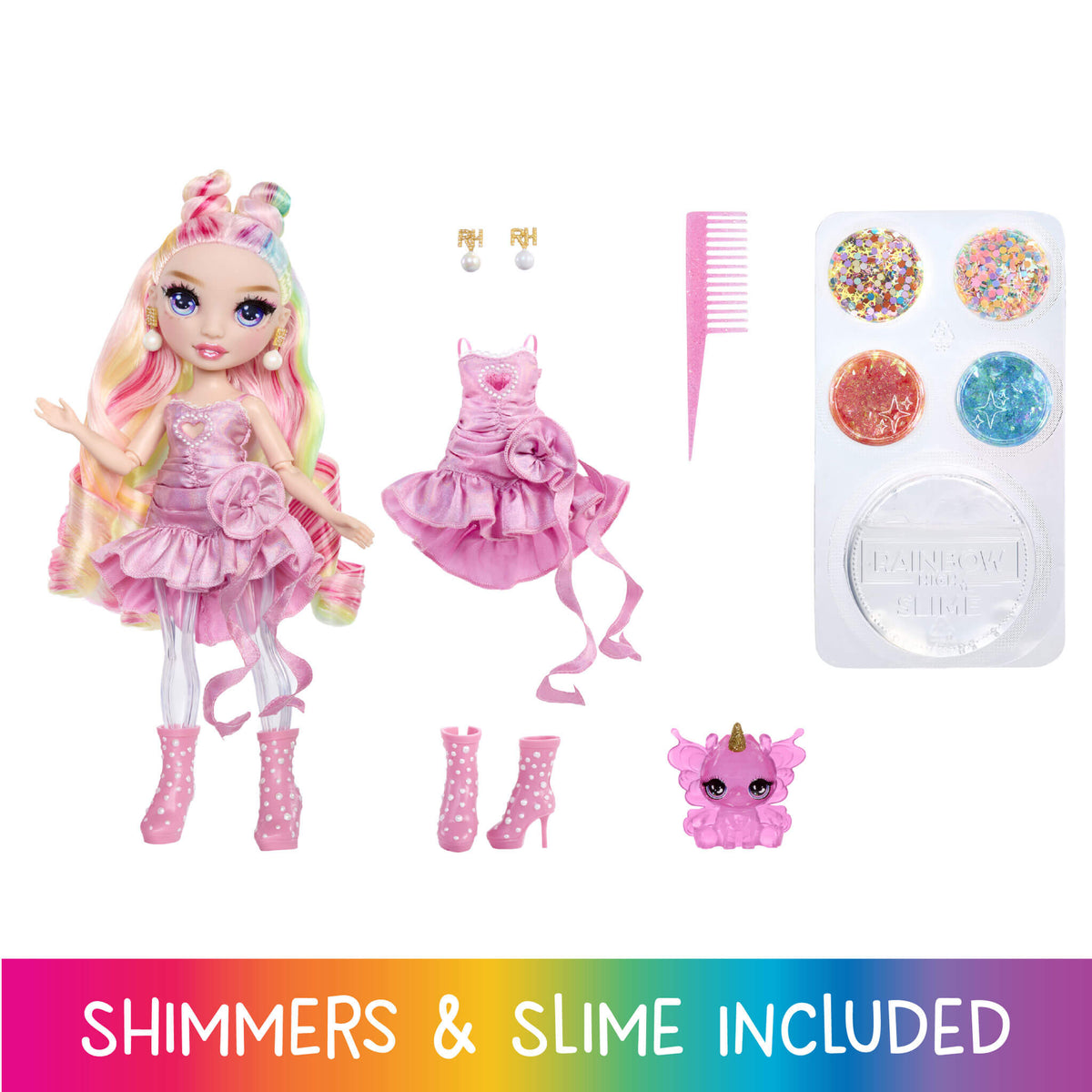 Rainbow High Rainbow Shimmers with Slime – Bella, Pink 11” Doll, Create a Rainbow Fashion Doll