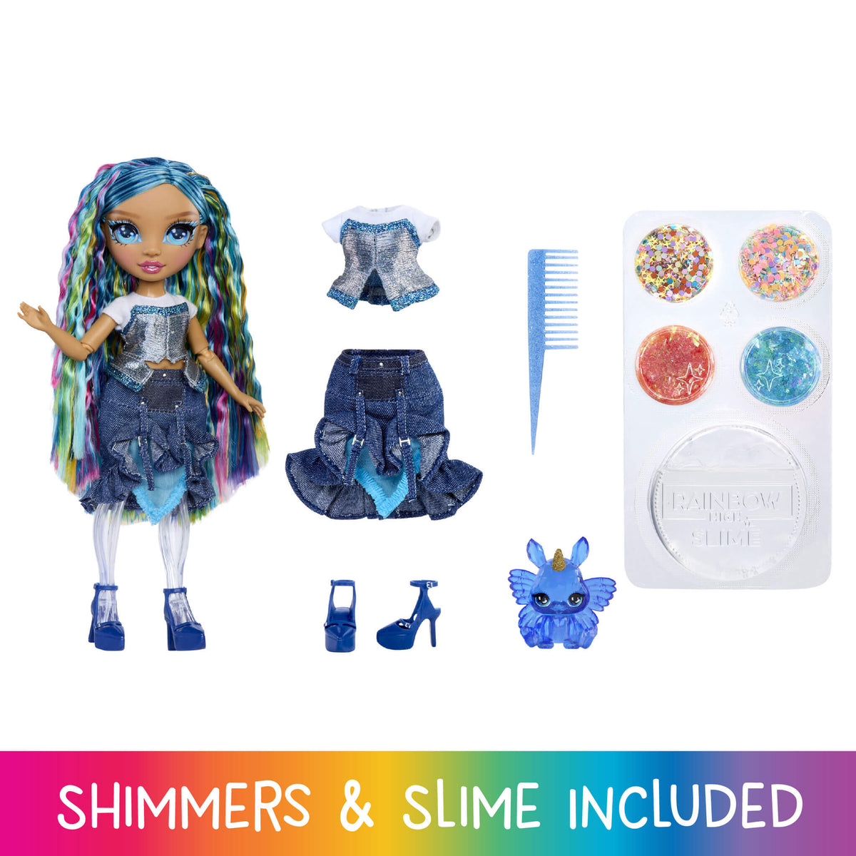 Rainbow High Rainbow Shimmers with Slime – Skyler, Blue 11” Doll, Create a Rainbow Fashion Doll